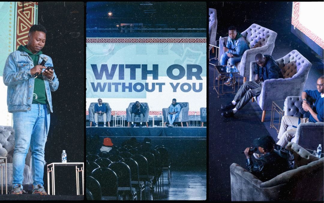 A collage of three photos: left, a man in a denim jacket stands and reads from his phone onstage; center, four seated people onstage with a screen reading 