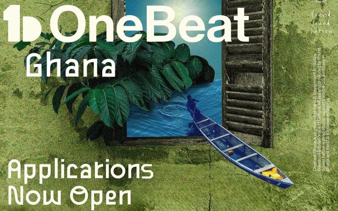 A surreal image shows a person paddling a canoe into the ocean through a window set in a green wall, with lush leaves framing the window. Large text reads, “OneBeat Ghana Applications Now Open.” Sunlight shines on the water outside.