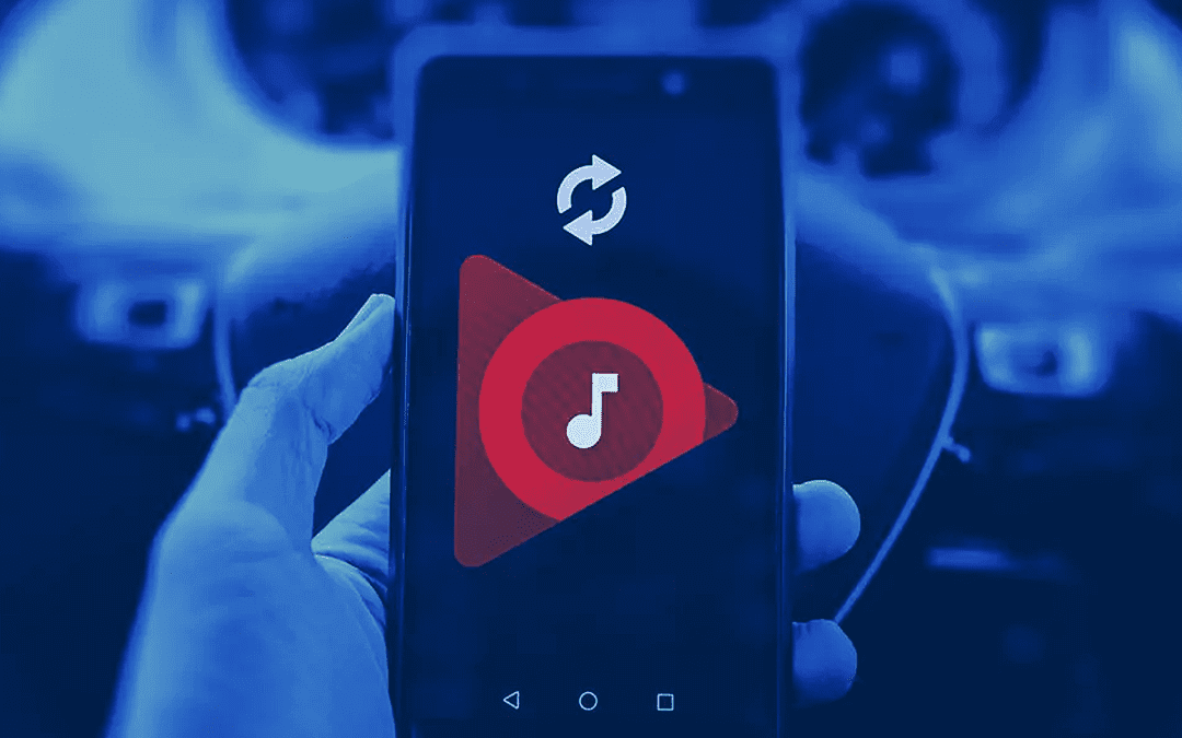 A hand holds a smartphone displaying the Google Play Music app logo on the screen, with a white sync icon above it. The image has a blue color filter and a blurred background, possibly inside a car.