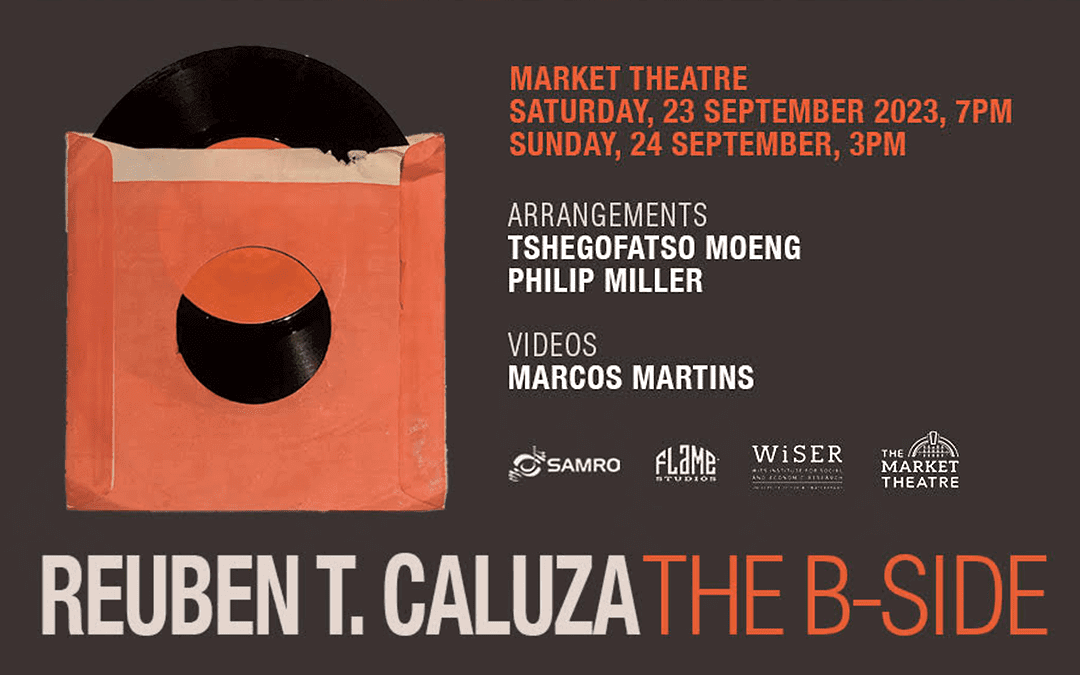 An orange record sleeve with a vinyl record is centered on a black background. Event details for 