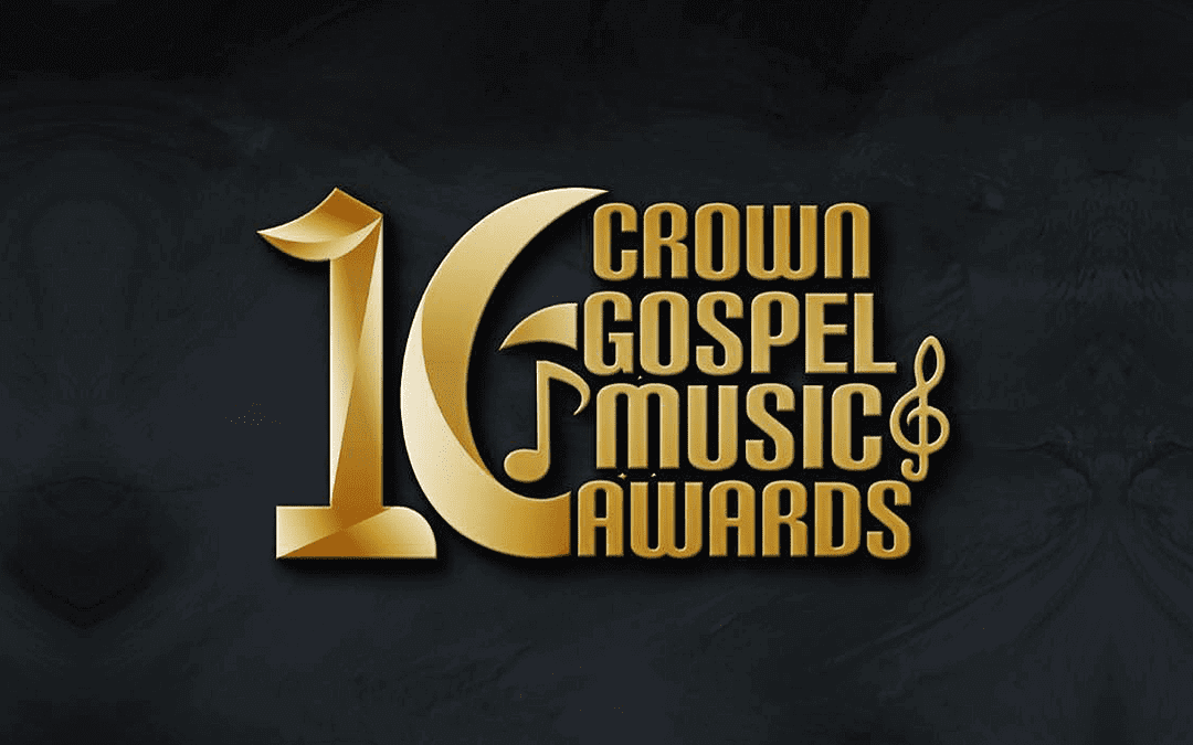 Golden text reads “16th Crown Gospel Music Awards” on a dark background. The number 16 is bold, with a musical note inside the “6”. The words “Crown Gospel Music Awards” are stacked vertically to the right of the number.