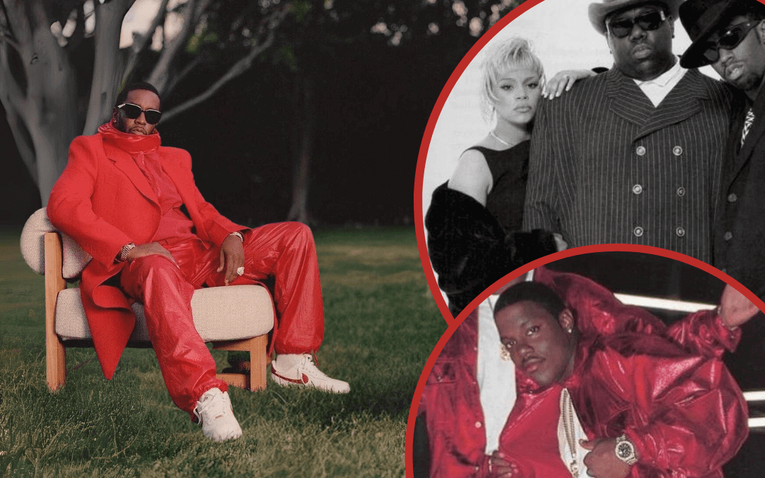 A man in a vibrant red suit and sunglasses sits on a chair in a grassy outdoor setting. Two inset black-and-white and colour images show groups and individuals in stylish clothing, including a man and woman with bold outfits and another man in a shiny red jacket.