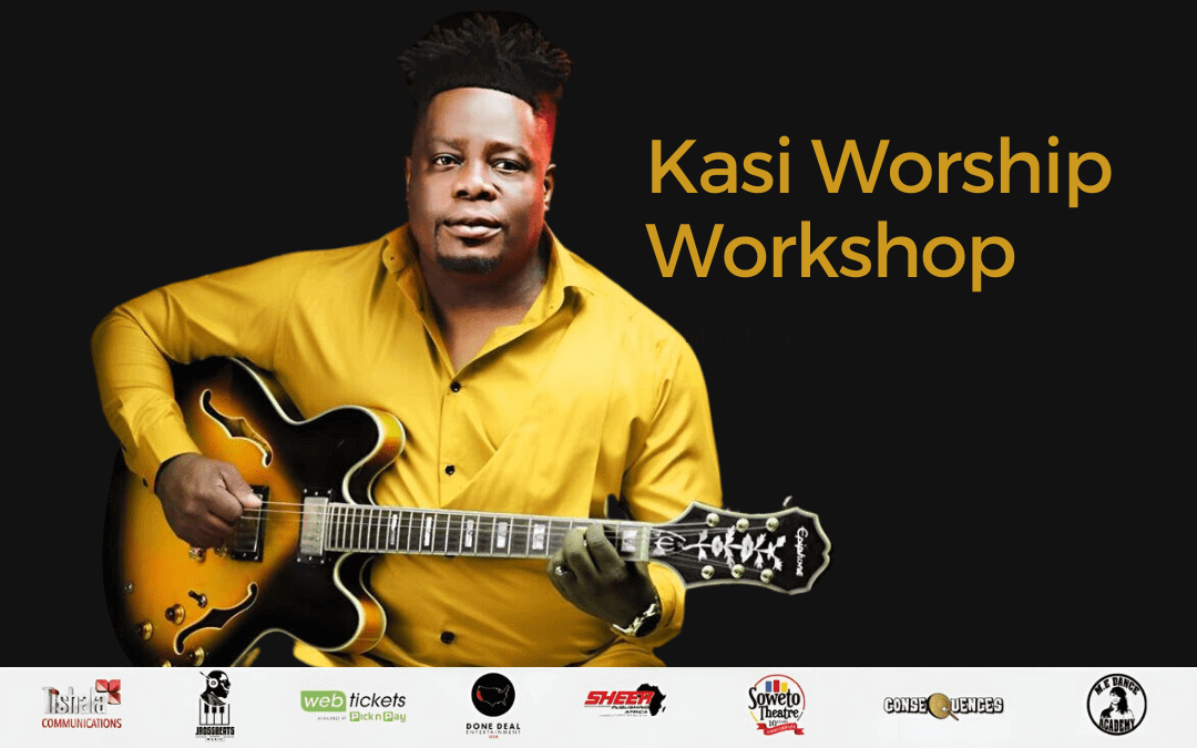 A man in a bright yellow shirt plays an electric guitar against a black background. Large yellow text beside him reads 