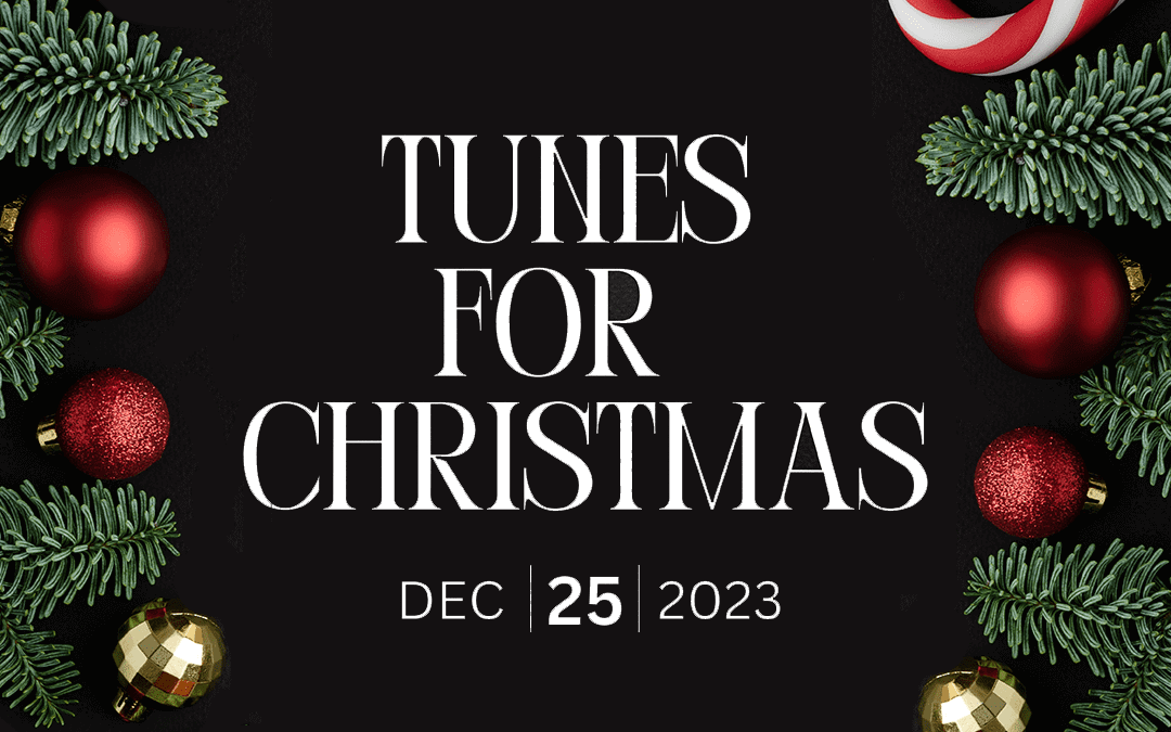 A festive image with pine branches, red and gold baubles, and a candy cane border a black background. In large white text: 
