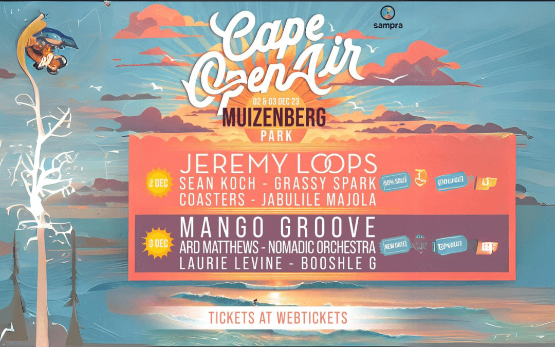 Festival poster with ocean waves, a sunset, and surfers. Text: 