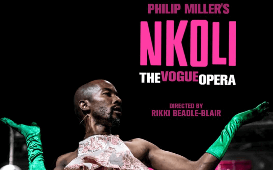 A performer wearing shiny green gloves and a pink ruffled top poses with arms raised. Bold text above reads: 