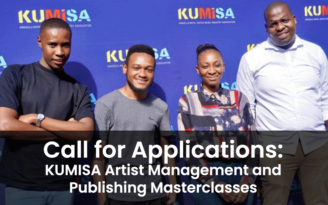 Four people stand smiling in front of a blue backdrop with “KUMISA” logos. Overlay text reads: “Call for Applications: KUMISA Artist Management and Publishing Masterclasses.” The group appears casual and welcoming, representing diversity and creativity.