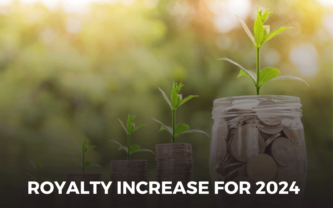 Stacks of coins with green seedlings growing on top, symbolising financial growth, sit in a row. The largest plant grows from a glass jar filled with coins. The text “ROYALTY INCREASE FOR 2024” appears in bold at the bottom of the image.