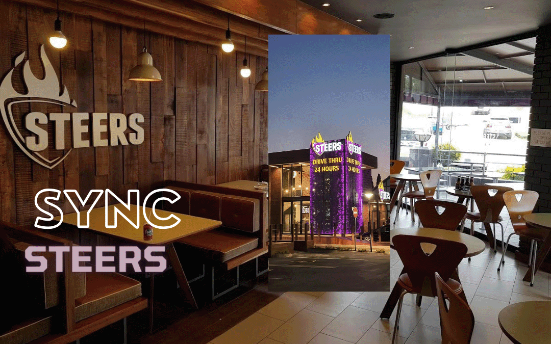 A digitally edited image blends two scenes: a cosy, wood-panelled Steers restaurant interior with brown booths and chairs, and a nighttime view of a Steers drive-through glowing with purple lights. The words 