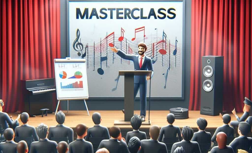 A cartoon man in a suit speaks at a lectern on stage labelled “MASTERCLASS,” with musical notes on the backdrop. An audience listens. A flip chart with graphs, a piano, speakers, and red curtains are visible on the stage.