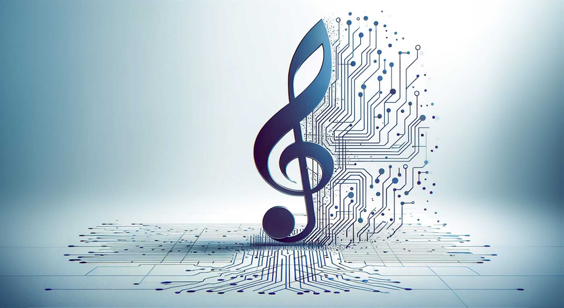 A large treble clef sits upright on a surface, with electronic circuit lines branching out from its base and sides, blending digital technology and music themes. The background is light with a gradual gradient and soft shadows.