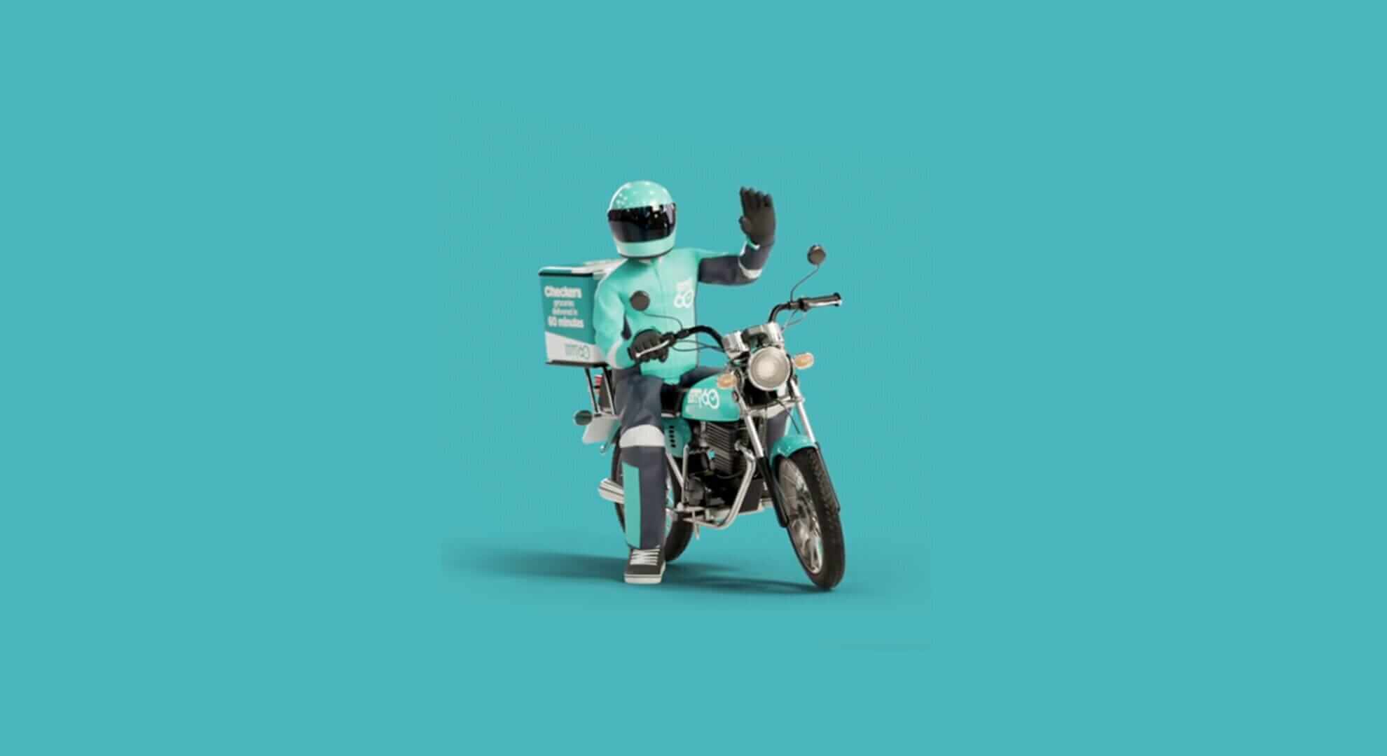 A delivery rider dressed in teal gear, including a helmet and jacket, sits on a motorbike. The rider carries a matching teal delivery box with white text and waves with one hand. The background is solid teal, creating a uniform, modern look.