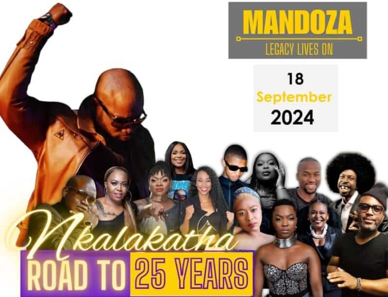 A poster shows Mandoza with a raised fist, wearing sunglasses and a leather jacket. Below are photos of various artists. Text reads: 