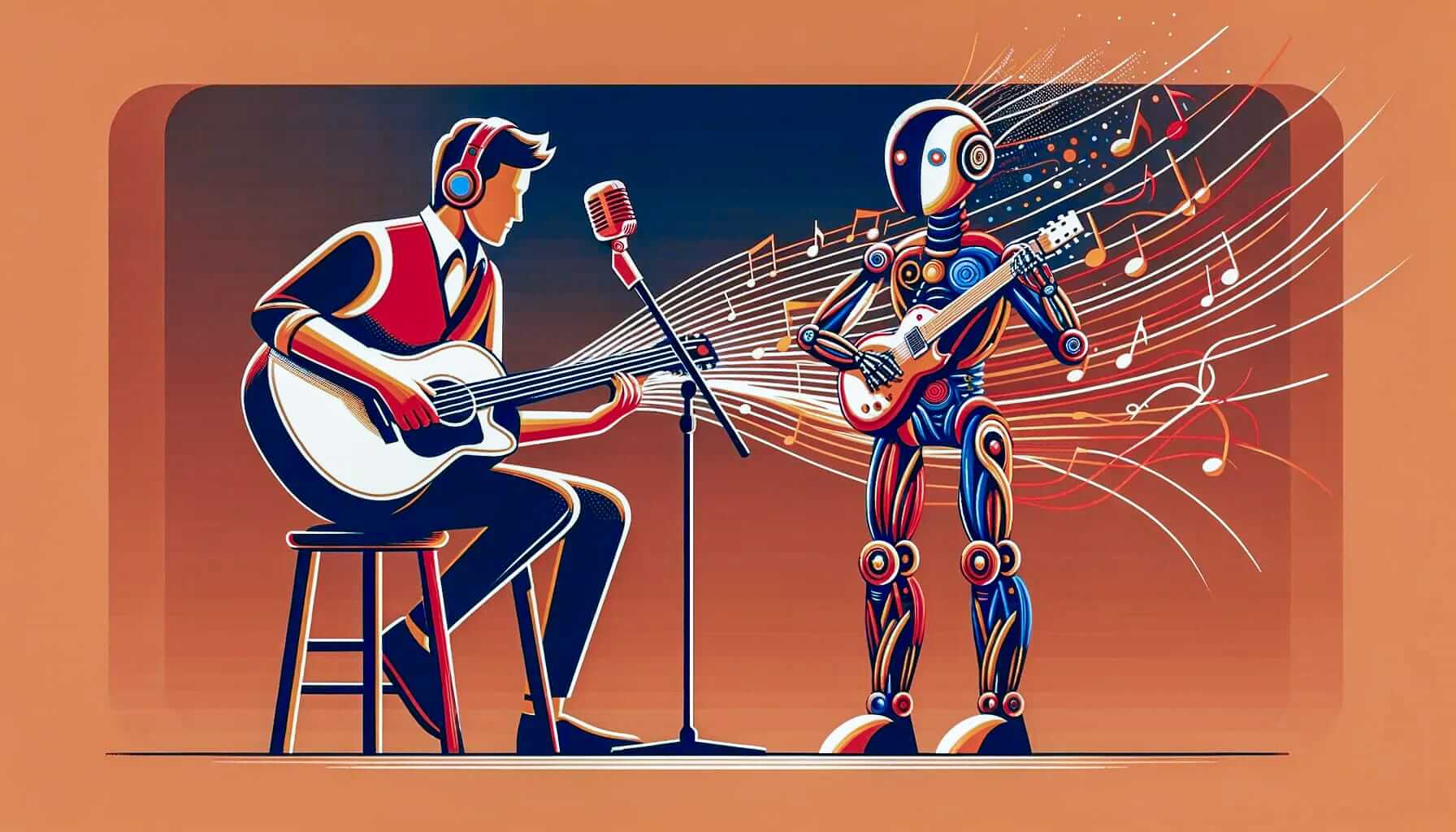 A human playing guitar and singing into a microphone sits on a stool beside a humanoid robot also playing guitar. Colourful musical notes and lines flow between them, symbolising a musical collaboration. The background has warm, retro hues.