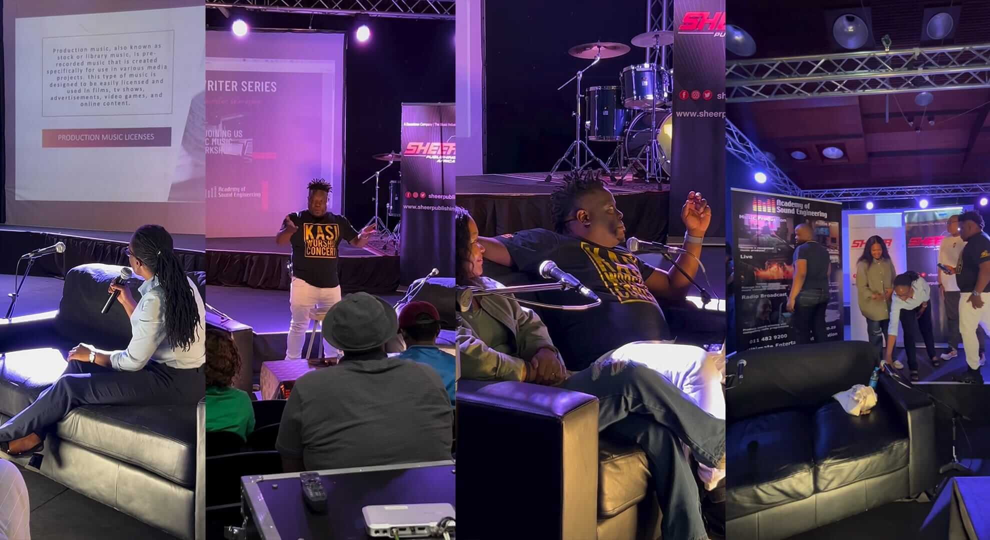 A collage of four images shows a music industry panel event. Speakers sit on black sofas with microphones on a stage. One presenter stands near a large screen with a presentation slide; others sit facing the audience. Drums and stage lights are visible in the background.