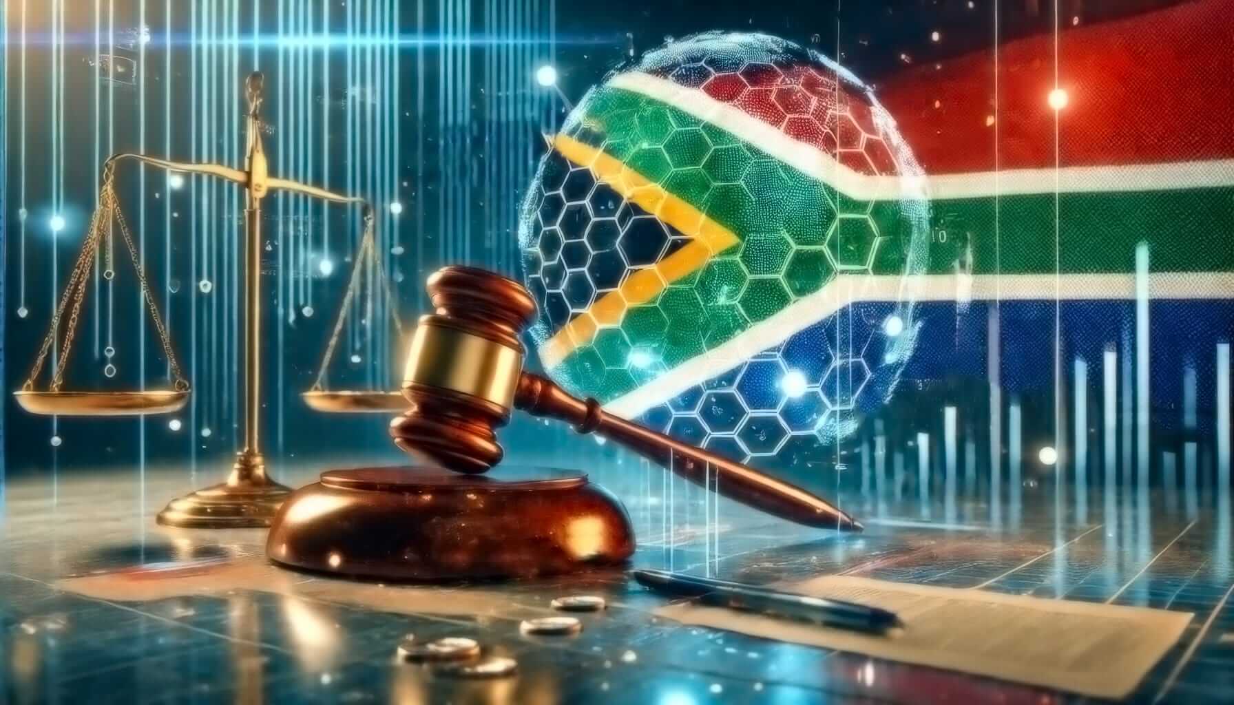 A gavel and scales of justice sit on a desk with coins and documents, set against a digital backdrop featuring the South African flag and a hexagonal-patterned globe, symbolising law and justice in South Africa.