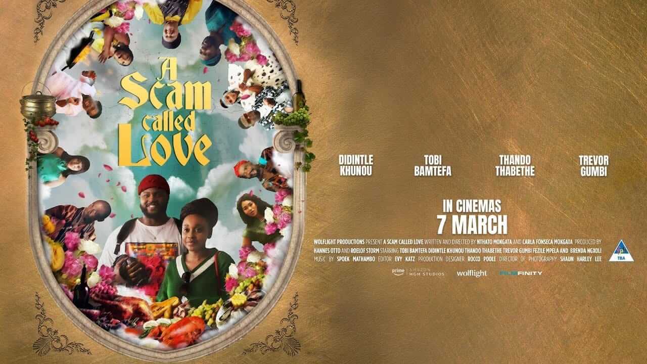 A film poster for “A Scam Called Love” shows a gold-framed mirror with smiling characters around its edge. In the mirror, a man in red and a woman in white stand together. The title is in large yellow text. Cast names and “In cinemas 7 March” appear below.