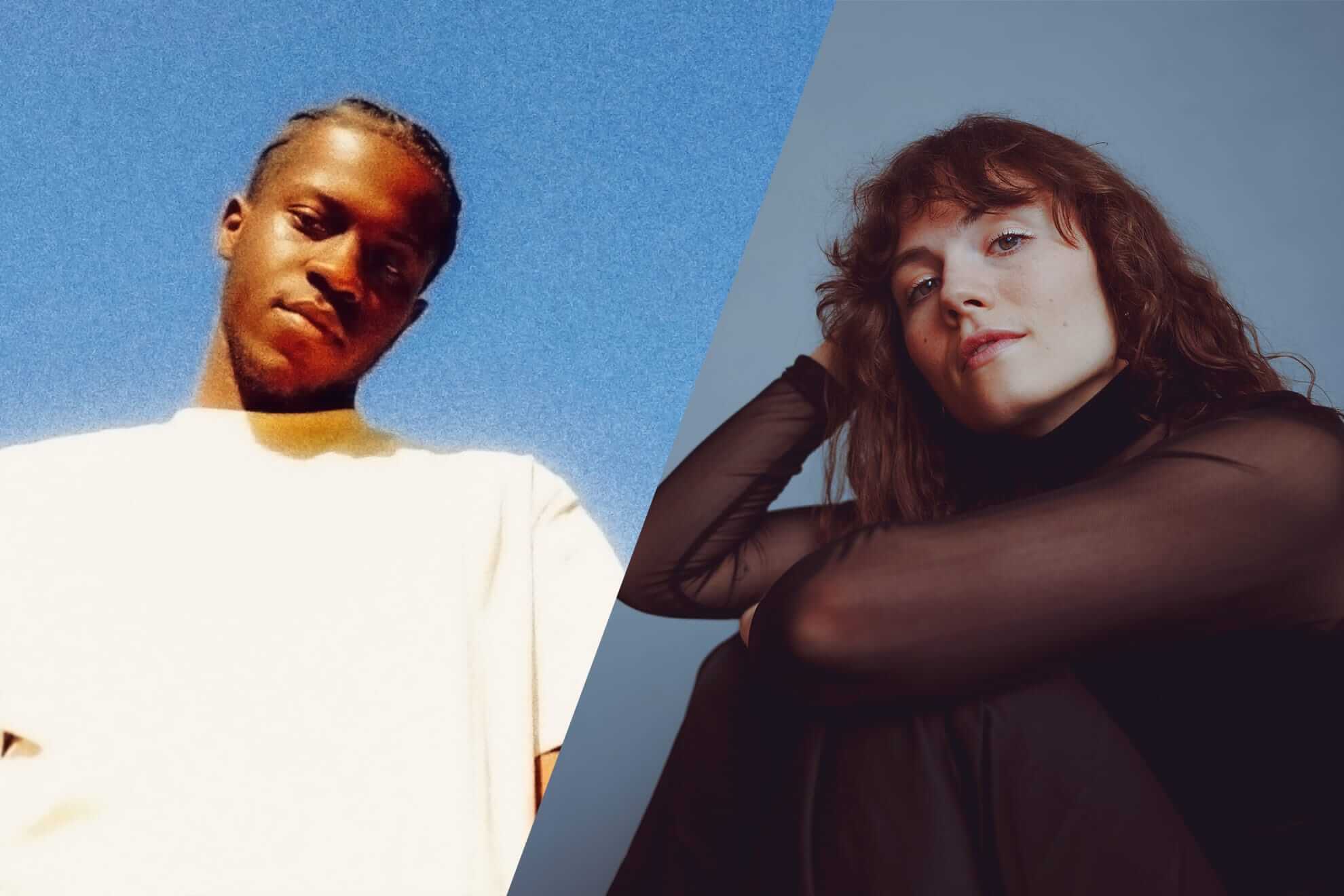 Split image: On the left, a man with plaited hair in a white shirt stands against a bright blue sky, looking down. On the right, a woman with wavy brown hair in a black sheer top poses with her head resting on her hand against a grey background.