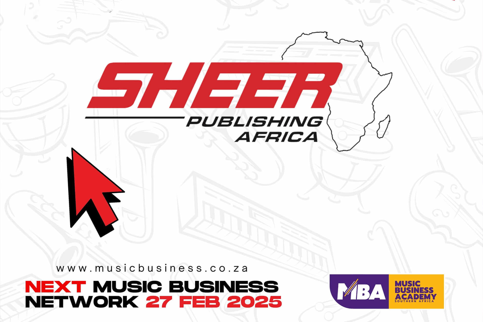 A digital flyer for Sheer Publishing Africa features a red logo with an Africa outline, a large red cursor, and event details: 