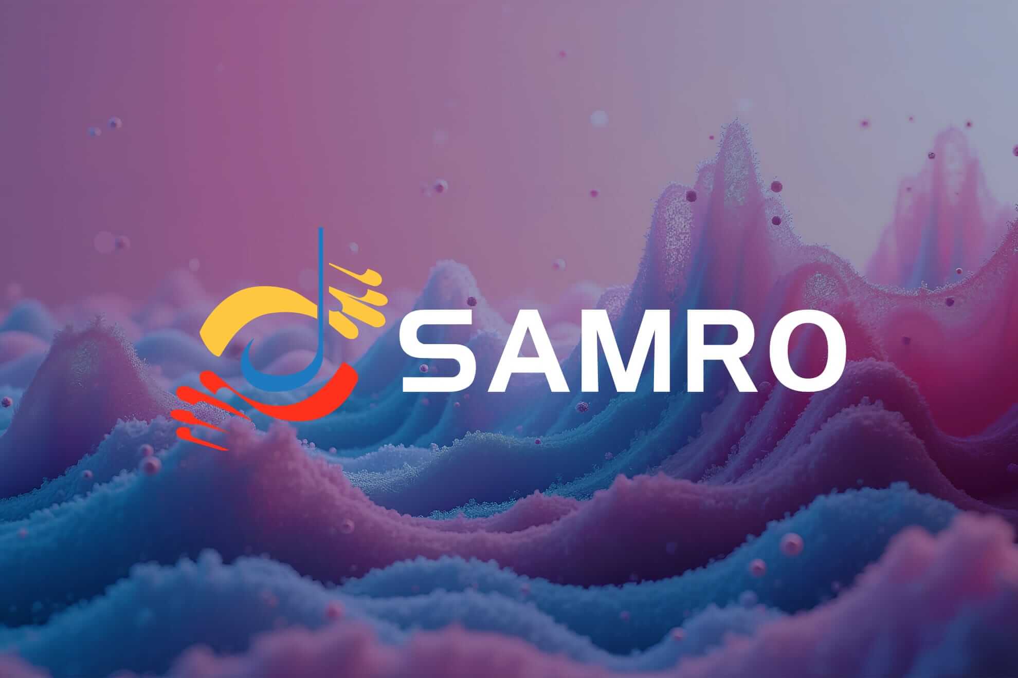 SAMRO logo with a stylised musical note and colourful arcs appears in the centre, overlaid on a digital, wavy, abstract background in shades of purple, pink, and blue. The background resembles sound waves or flowing liquid.