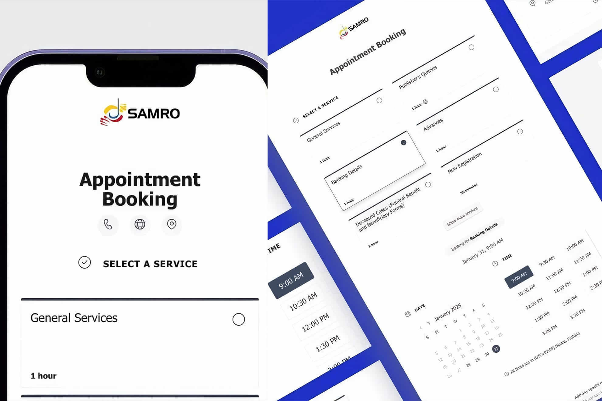 A smartphone and a tablet display the SAMRO Appointment Booking interface, featuring options to select services, choose dates and times, and provide booking details. The design is clean, with black text on a white background and blue accent elements.
