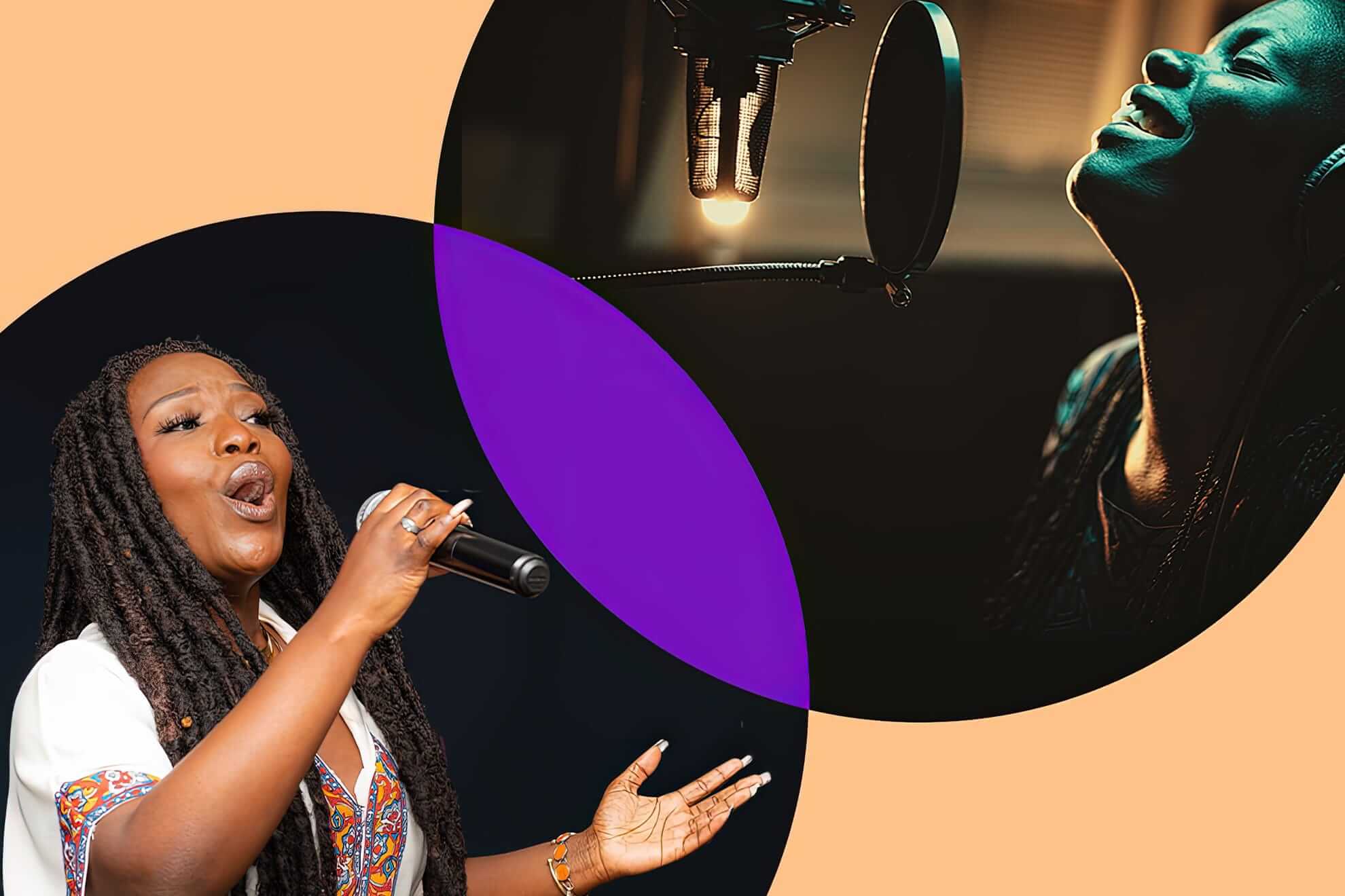 A woman with long plaits passionately sings into a handheld microphone. Another image shows a woman singing joyfully into a studio microphone. Bold orange and purple circles overlay the images, creating a modern, dynamic collage effect.