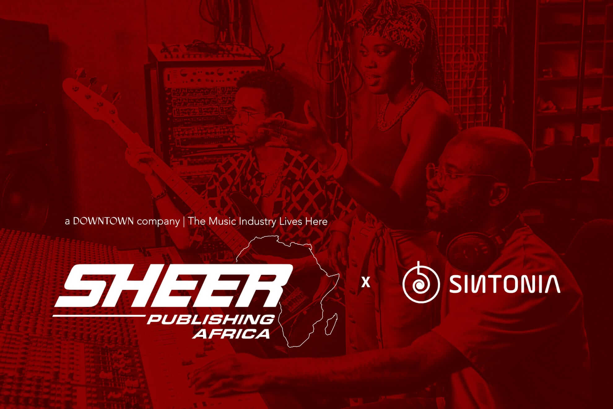 Three people work in a music studio with mixing equipment and instruments. The image has a red overlay. At the bottom left, the Sheer Publishing Africa logo appears next to the Sintonía logo, with white text and Africa’s outline.