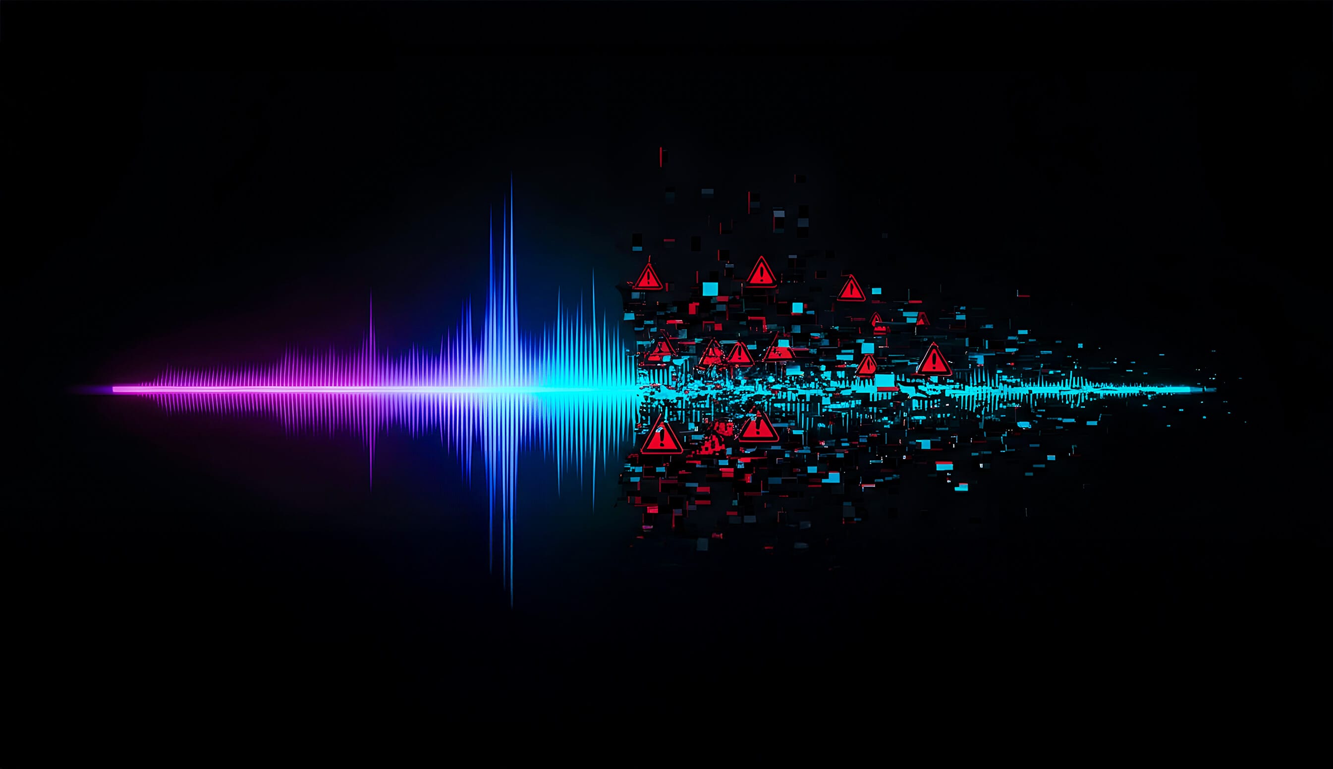 A digital waveform in blue and purple fades into fragmented pixels on the right, interspersed with red warning symbols, suggesting data distortion or cybersecurity threats within an audio or digital signal on a black background.