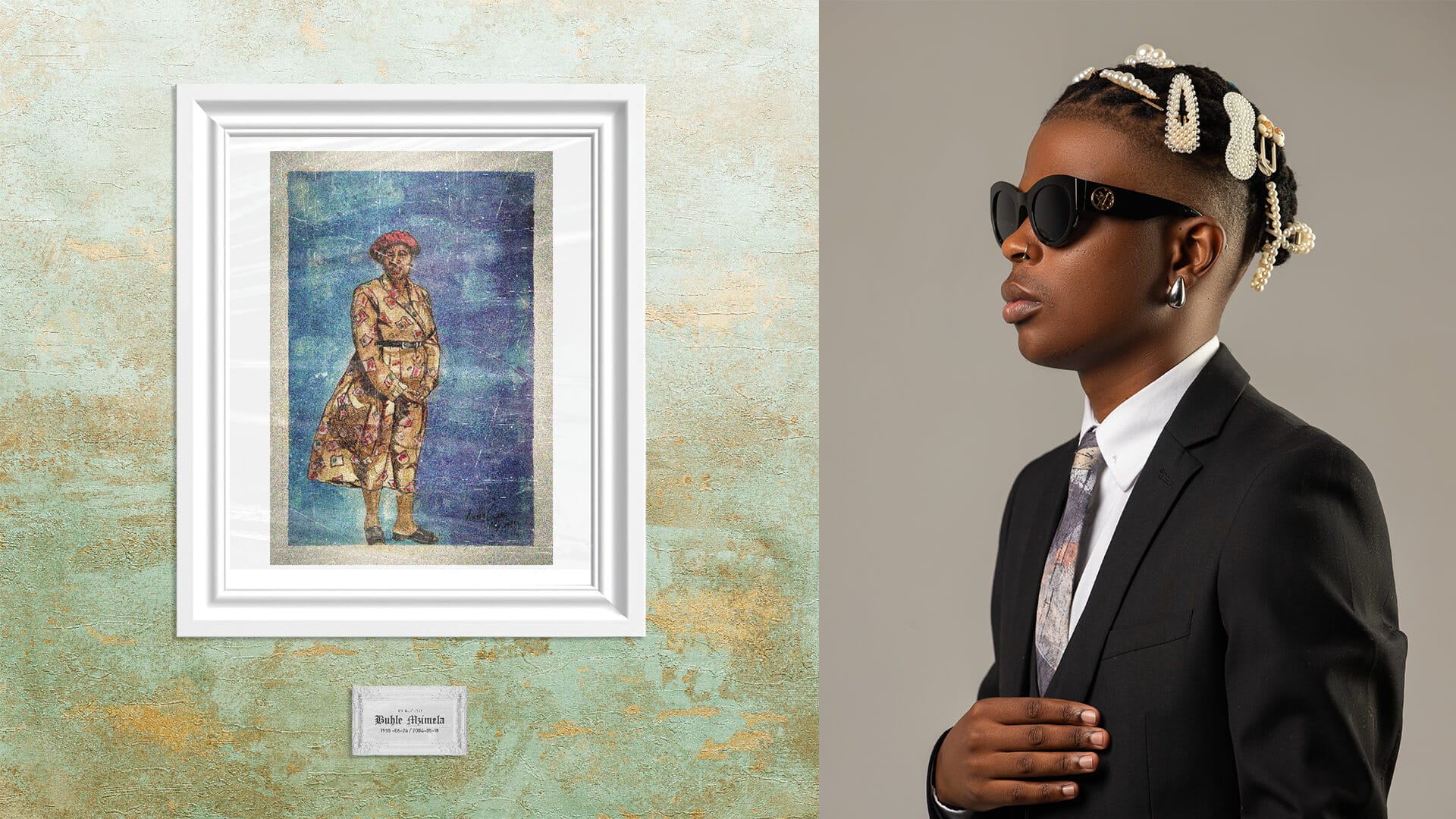 The image is split in two: Left, a framed portrait evokes the Mkabayi Legacy with a person in traditional attire and red cap. Right, a person in a black suit, tie, sunglasses, and beaded hair—recalling Aubrey Qwana—faces right against a plain background.