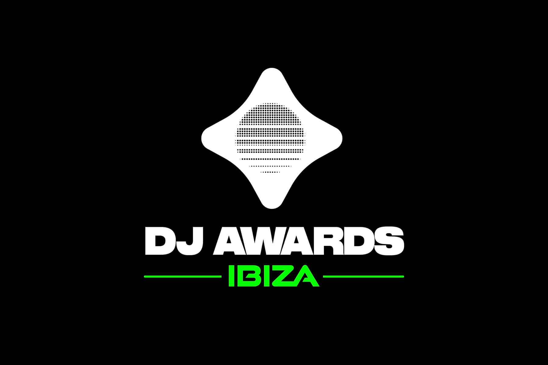A white geometric logo with a dotted circle at its centre appears above bold white text reading “DJ AWARDS.” Below, “IBIZA” is written in bright green uppercase letters, flanked by two green lines, all set against a black background.