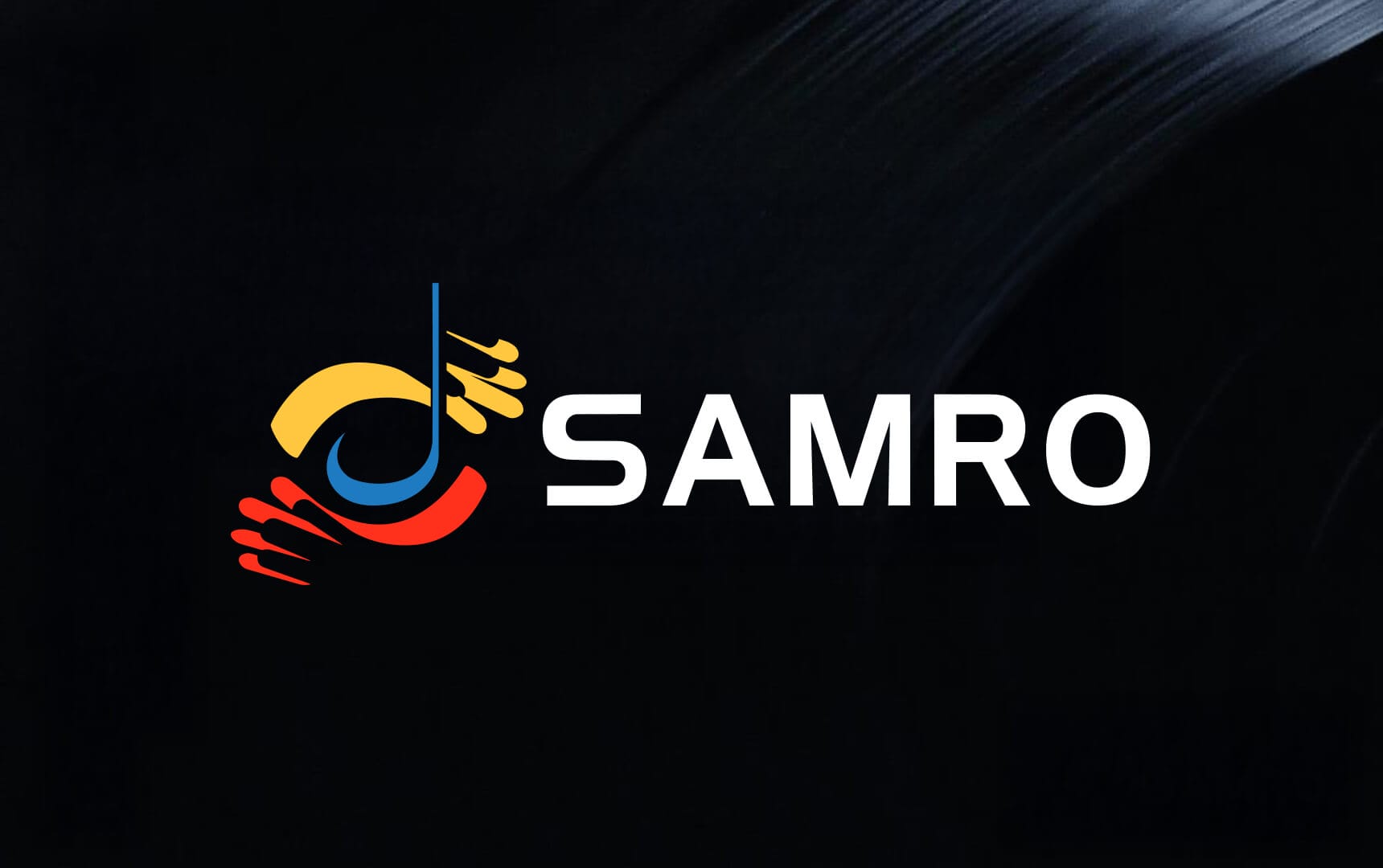 The image shows the SAMRO logo on a black background. The logo features a stylised musical note formed by curved yellow, red, and blue shapes resembling hands. To the right, the word “SAMRO” appears in bold white capital letters.