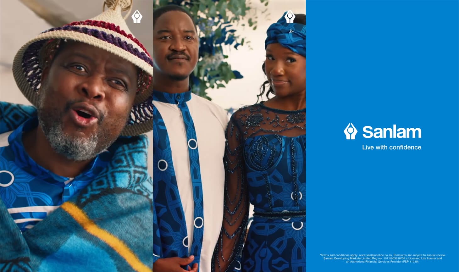 A split image: left shows an older man in a woven hat and blue patterned attire wrapped in a blanket; centre, a smiling couple in matching blue traditional outfits; right, the Sanlam logo and tagline 