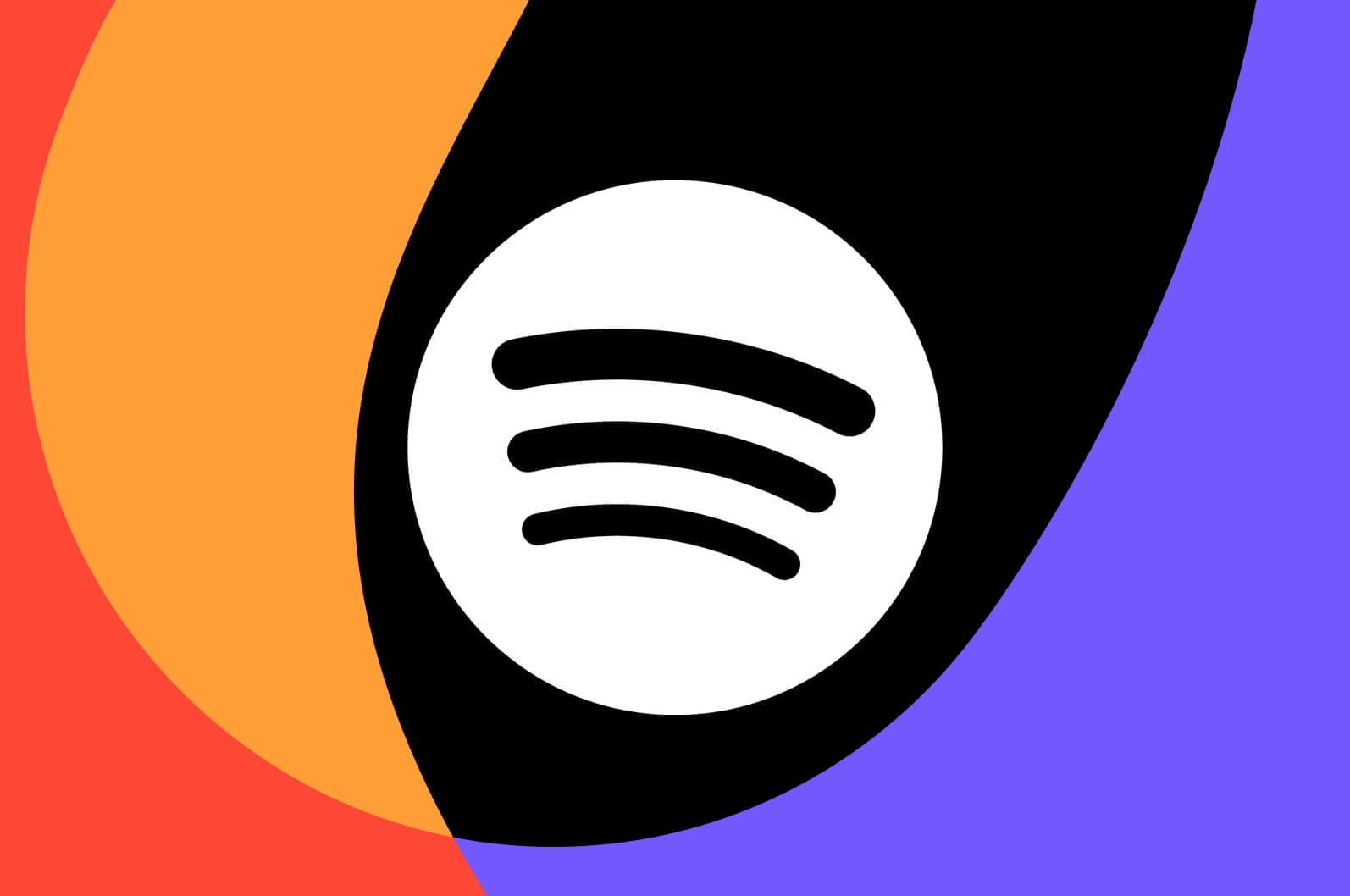 A large white circle with the black Spotify logo, featuring three curved lines, is centred on an abstract background with red, orange, black, and purple curved shapes blending together.