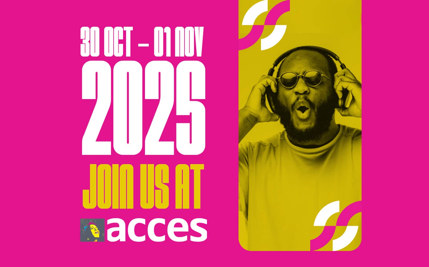Bright event poster with a magenta background for ACCES 2025 in Tshwane. It reads “30 Oct – 01 Nov 2025. Join us at this music conference.” A man with sunglasses and headphones appears, with colourful wavy shapes and the ACCES logo.