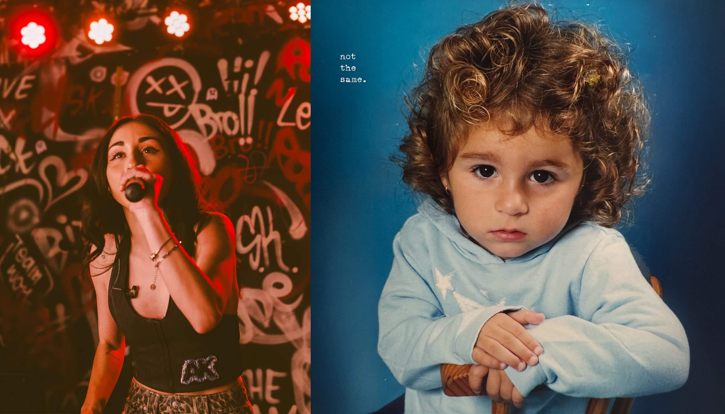 On the left, a young woman sings on stage with graffiti-covered walls and red lighting. On the right, a curly-haired child in a light blue jumper looks at the camera against a blue background; white text reads 