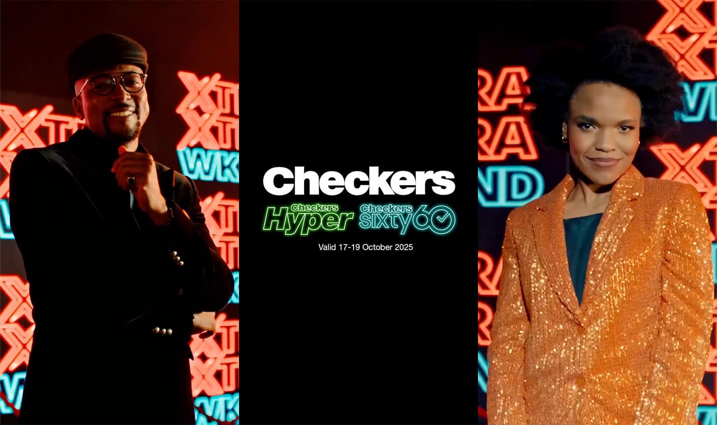 Two stylishly dressed individuals stand on either side of a dark background with neon “XTRA” text. The centre reads: “Checkers, Checkers Hyper, Checkers Sixty60. Valid 17-19 October 2023” in white and green text.