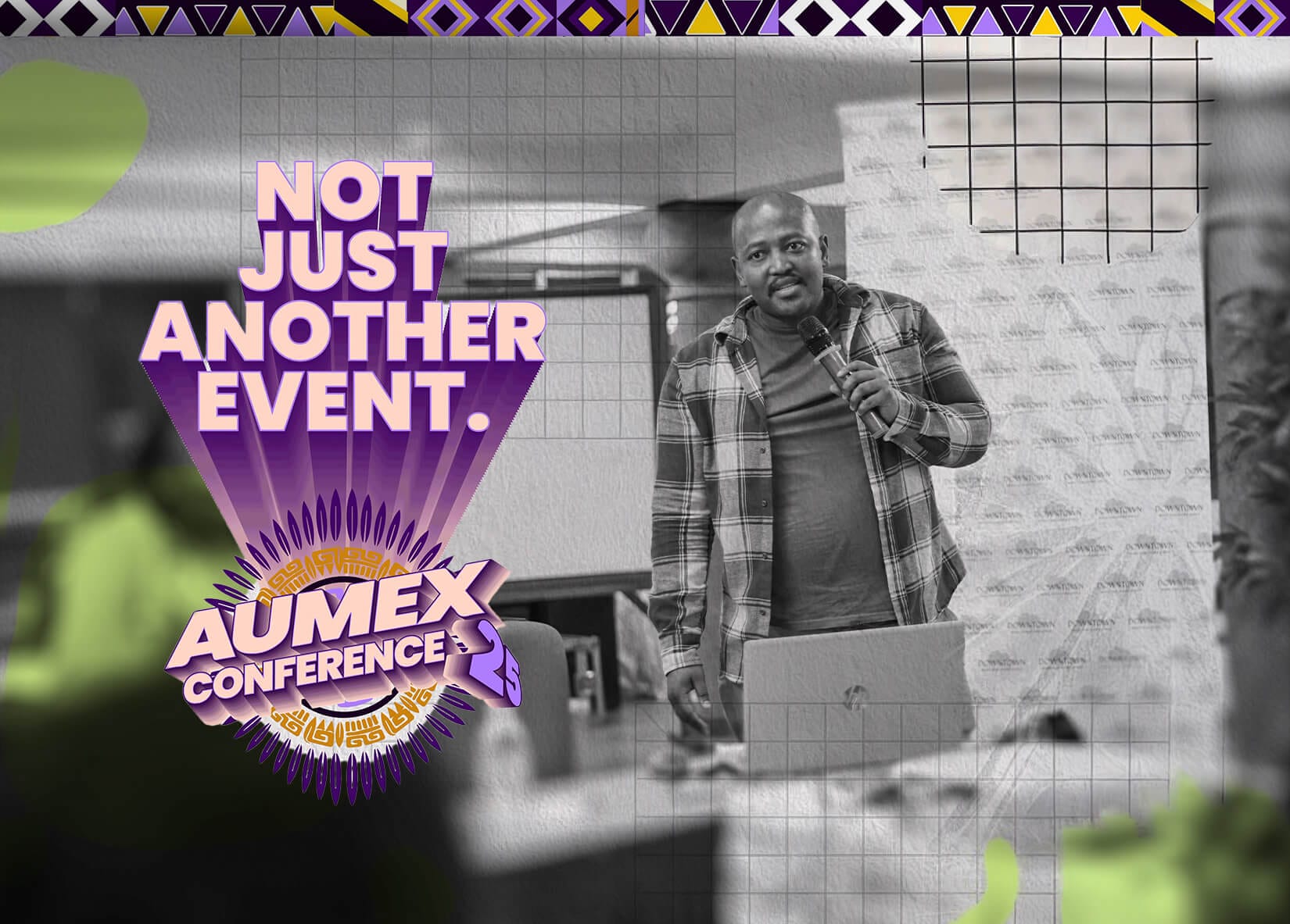 A man in a checked shirt speaks into a microphone at a lectern. The background features a geometric pattern and AUMEX Kampala branding. Bold text reads, “NOT JUST ANOTHER EVENT.” The “AUMEX CONFERENCE” logo is displayed in purple and gold.