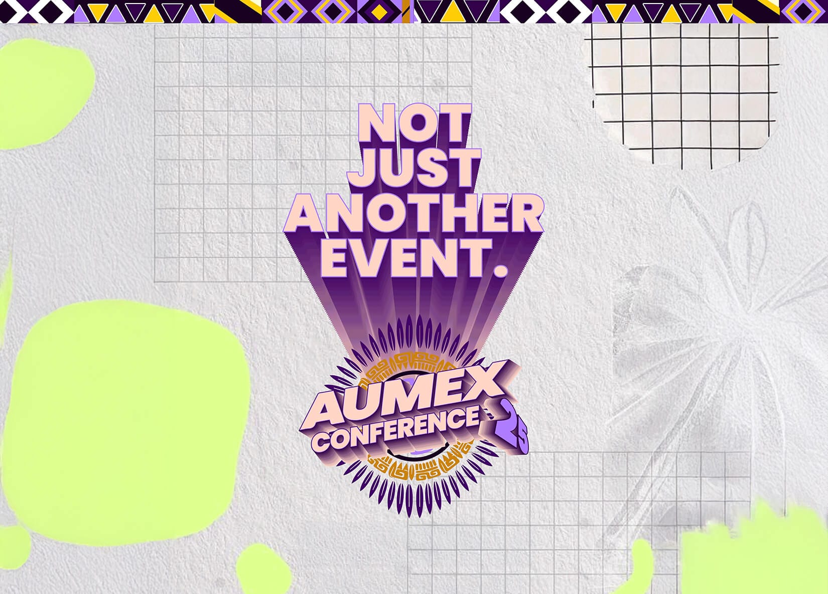 A geometric, colourful event poster with purple, yellow, and black accents. Central bold text reads “Not Just Another Event. AUMEX Uganda Conference.” The background features grids, abstract neon shapes, and stylised East Africa patterns.