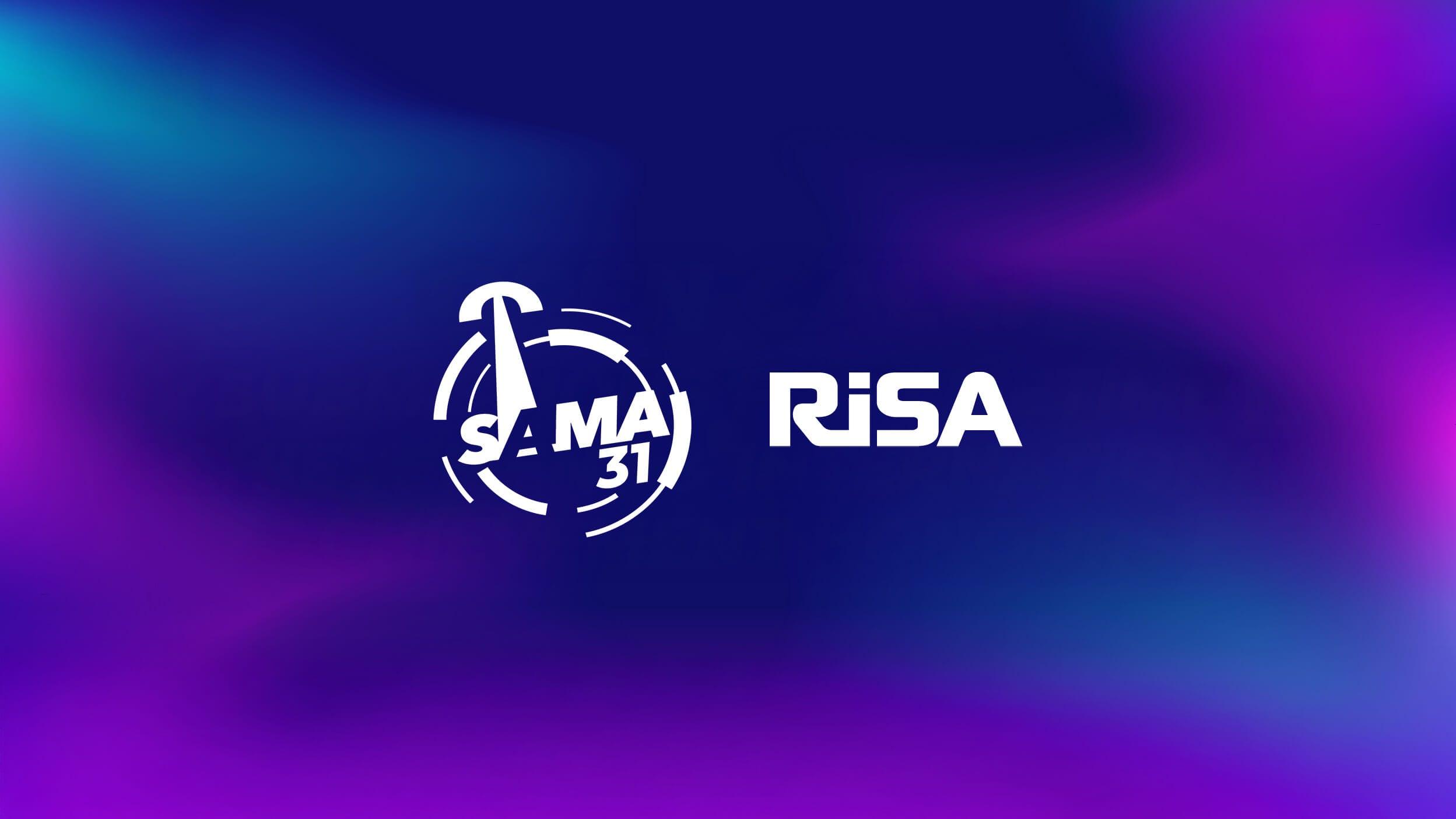 Logo for the South African Music Awards (SAMA 31) and RiSA on a blue and purple gradient background. The SAMA 31 logo features a stylised microphone and circle design on the left, with the bold white RiSA text logo on the right.