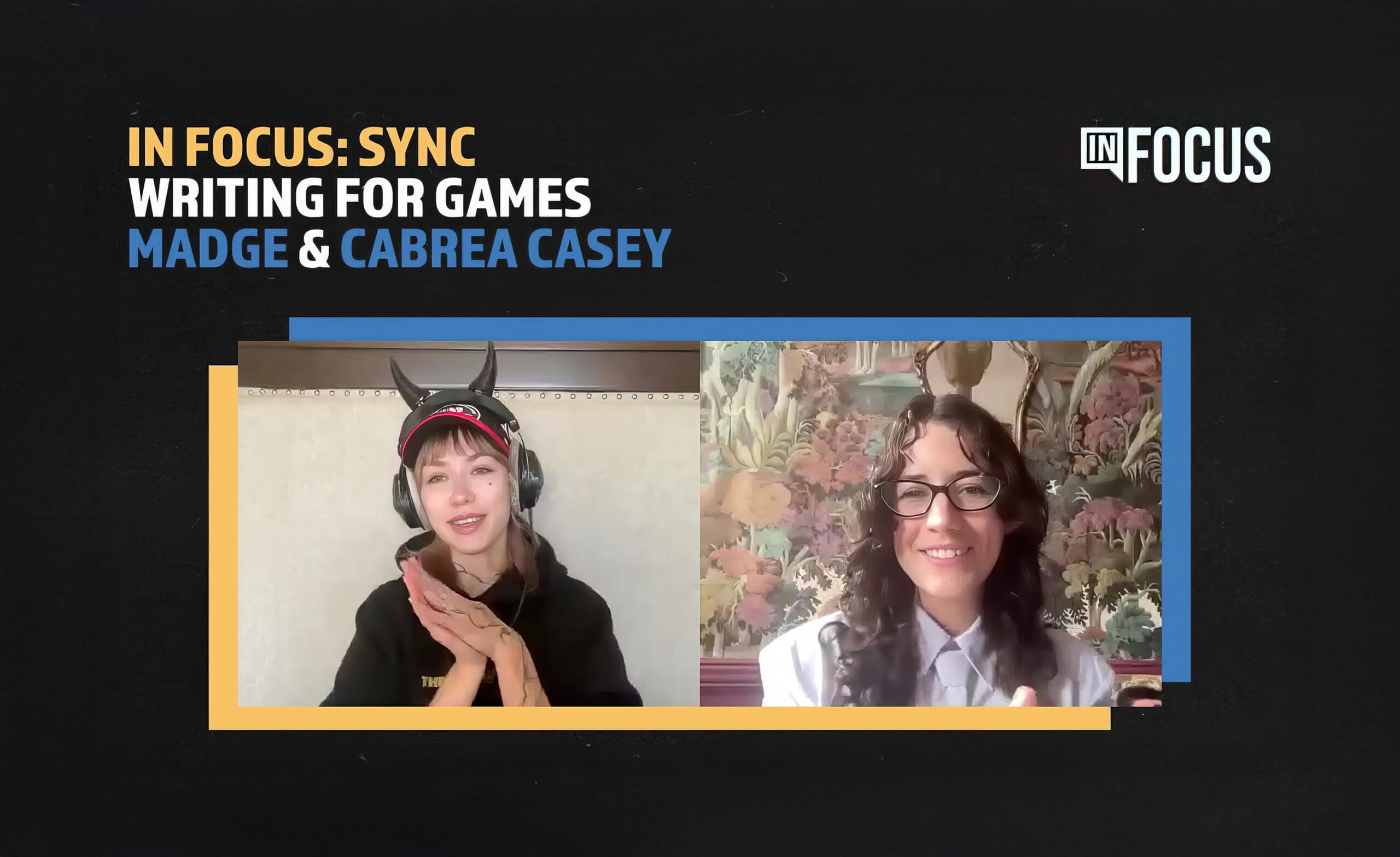 Two women are on a split video call discussing writing for games. The left wears cat ear headphones and a black hoodie, smiling and gesturing. The right has long hair, glasses, a floral background, and also smiles. Text above highlights African creators.