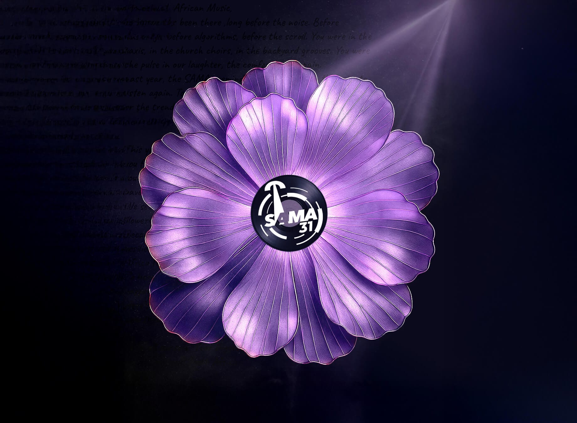 A luminous, purple flower with detailed, layered petals is centred on a dark background. At its core is a black circular emblem with white text: "SALMA 31" and a stylised "A," celebrating SAMA31 Awards client wins. Light shines from the upper right.