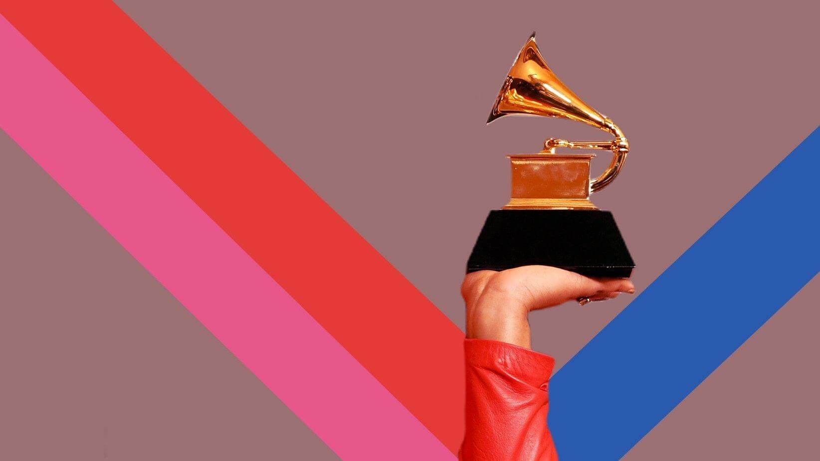 A hand in a red sleeve holds up a gold Grammy Awards trophy against a brown background with diagonal pink, red, and blue stripes. The arm is raised in celebration, spotlighting achievement in the African Music Category.