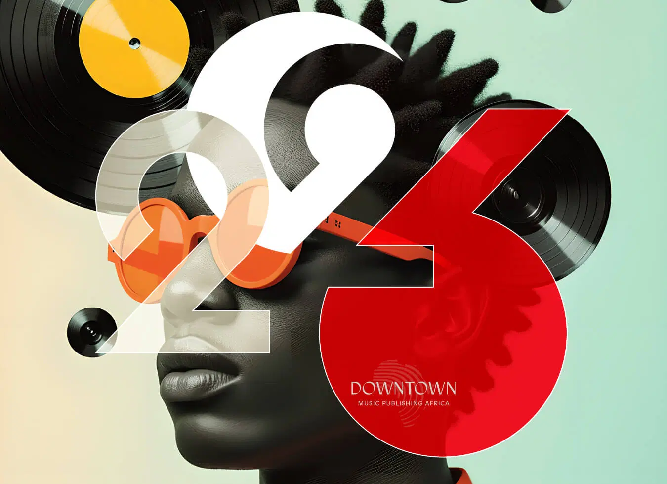 A stylised portrait of a person wearing orange sunglasses, overlaid with large, bold numbers "2" and "3." Vinyl records and abstract shapes surround the face. Text at the bottom reads "Downtown Music Publishing Africa." The colour scheme is vibrant and modern.