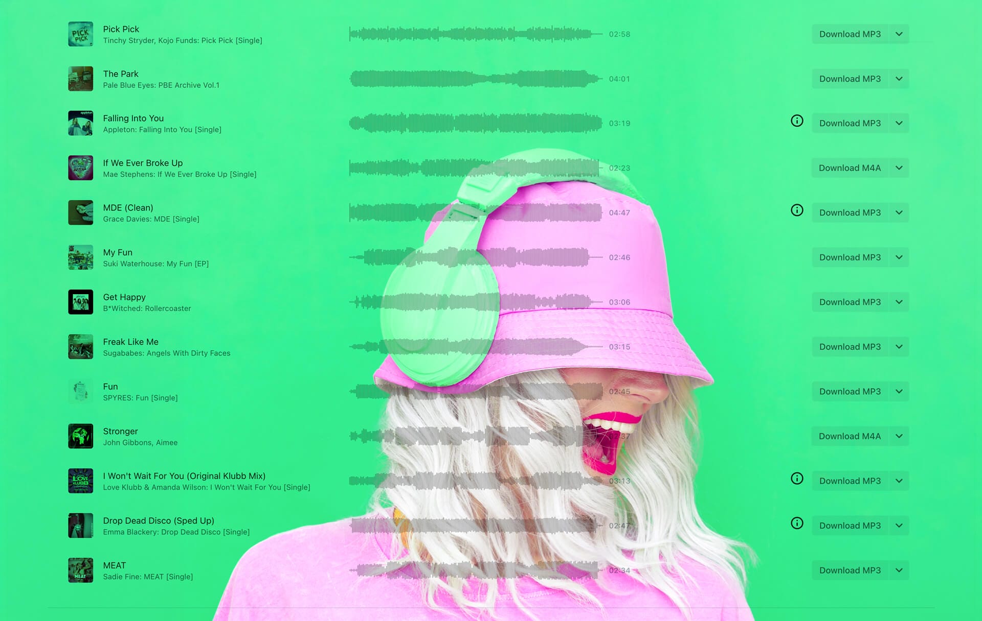 A vibrant image shows a woman with pale skin, long white hair, wearing a pink bucket hat, pink sunglasses, and large green headphones. She stands against a bright green background, showcasing Playlists by Bucks Music Group for February 2026.