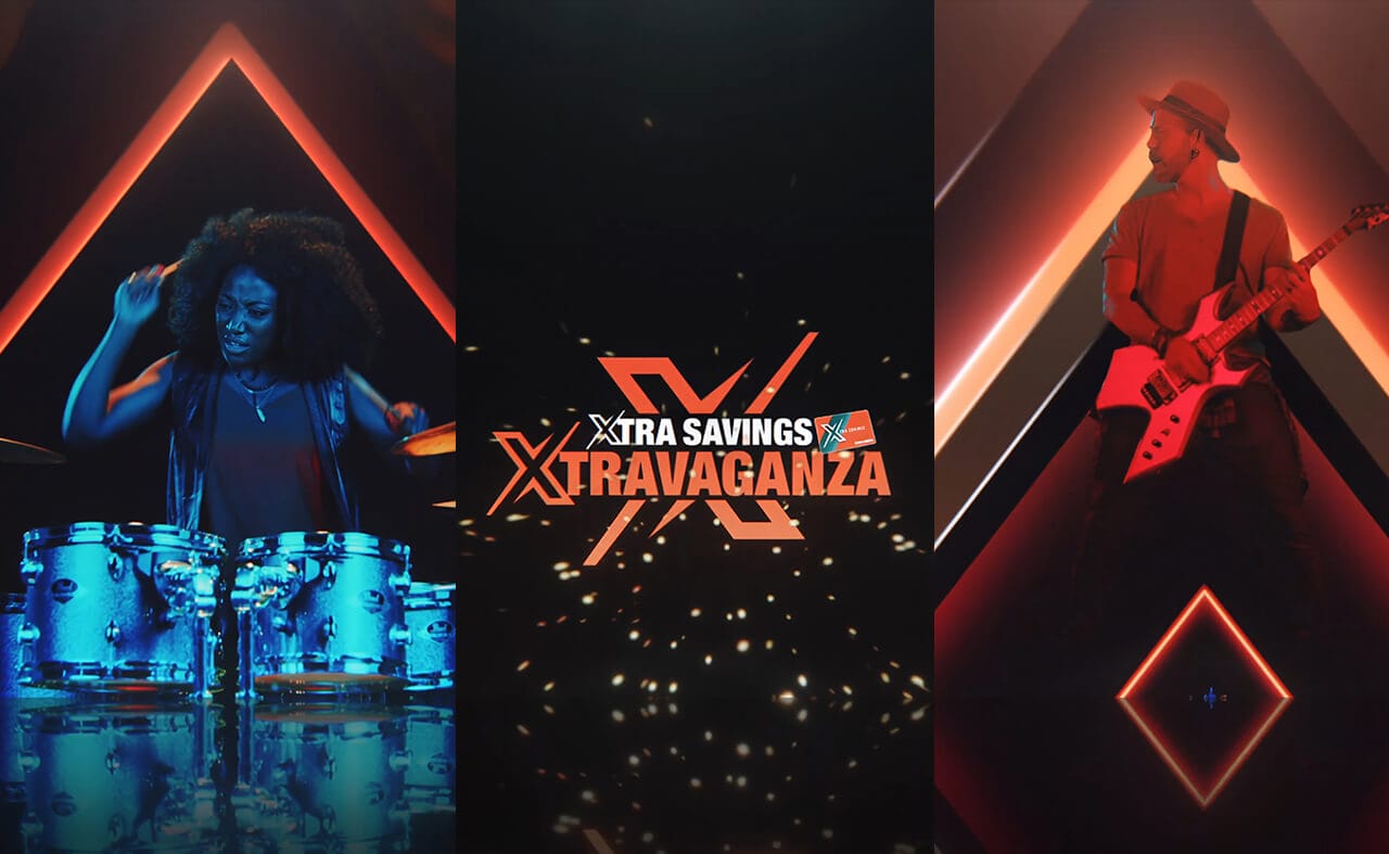 Split into three panels: left shows a woman with curly hair playing drums under orange lights; centre displays the words “Xtra Savings Xtravaganza” with glowing effects; right shows a man in a hat playing an electric guitar in front of orange neon triangles.