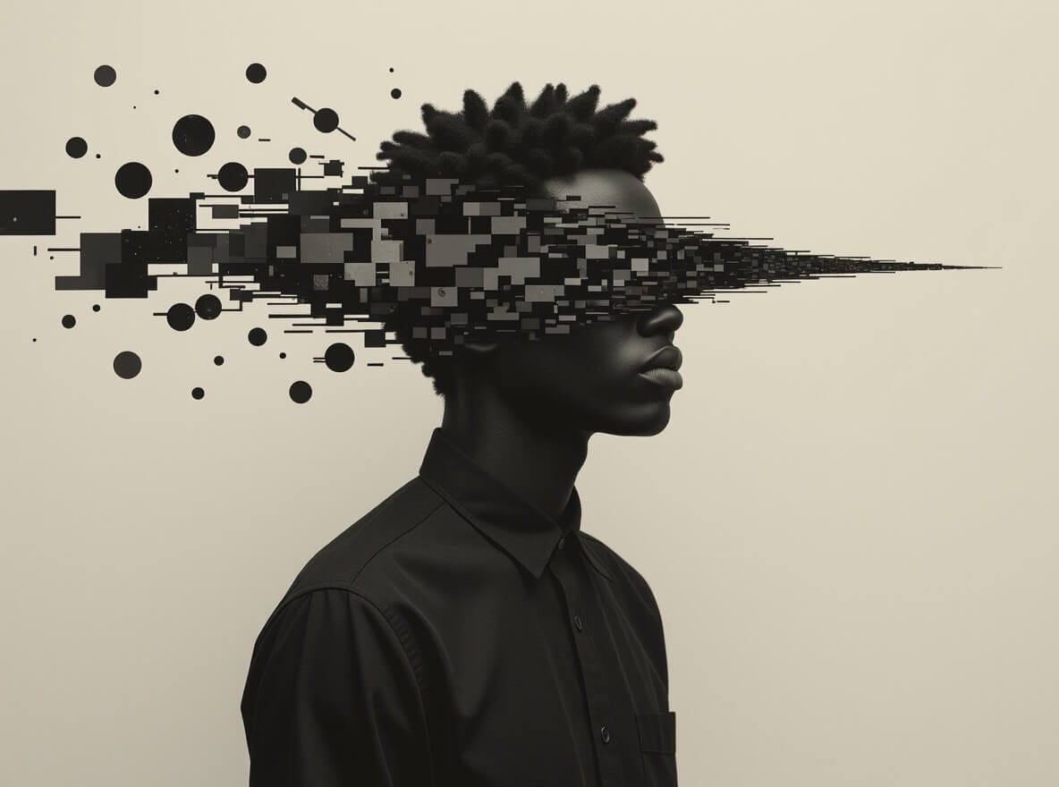 A person in a black shirt stands in profile against a beige background. Their face morphs into a burst of black geometric shapes, including squares and circles, that scatter outward, creating a digital, fragmented visual effect.
