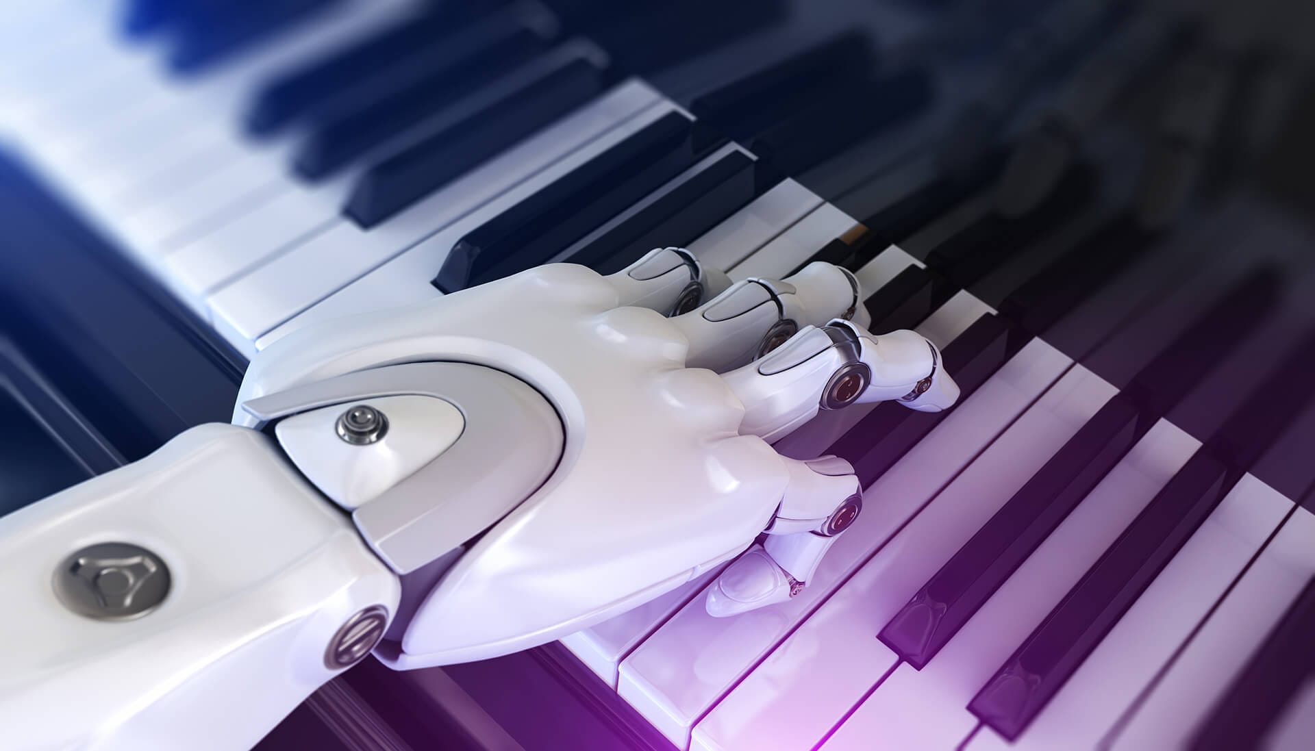 A white robotic hand with metallic joints is pressing keys on a piano. The close-up shot shows the detailed robotic fingers on the black and white keys, highlighting the contrast between technology and traditional music.