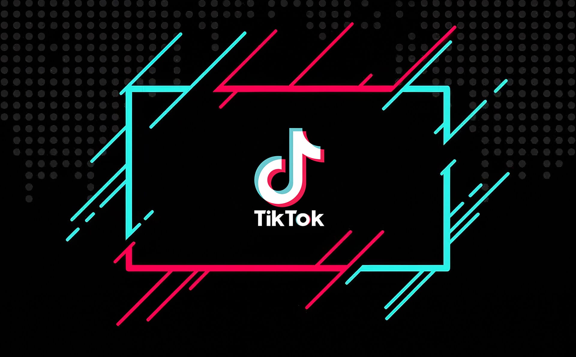 The image features the TikTok logo and text centred on a black background, framed by neon blue and pink diagonal lines, with faded grey dots forming a partial pattern in the background.