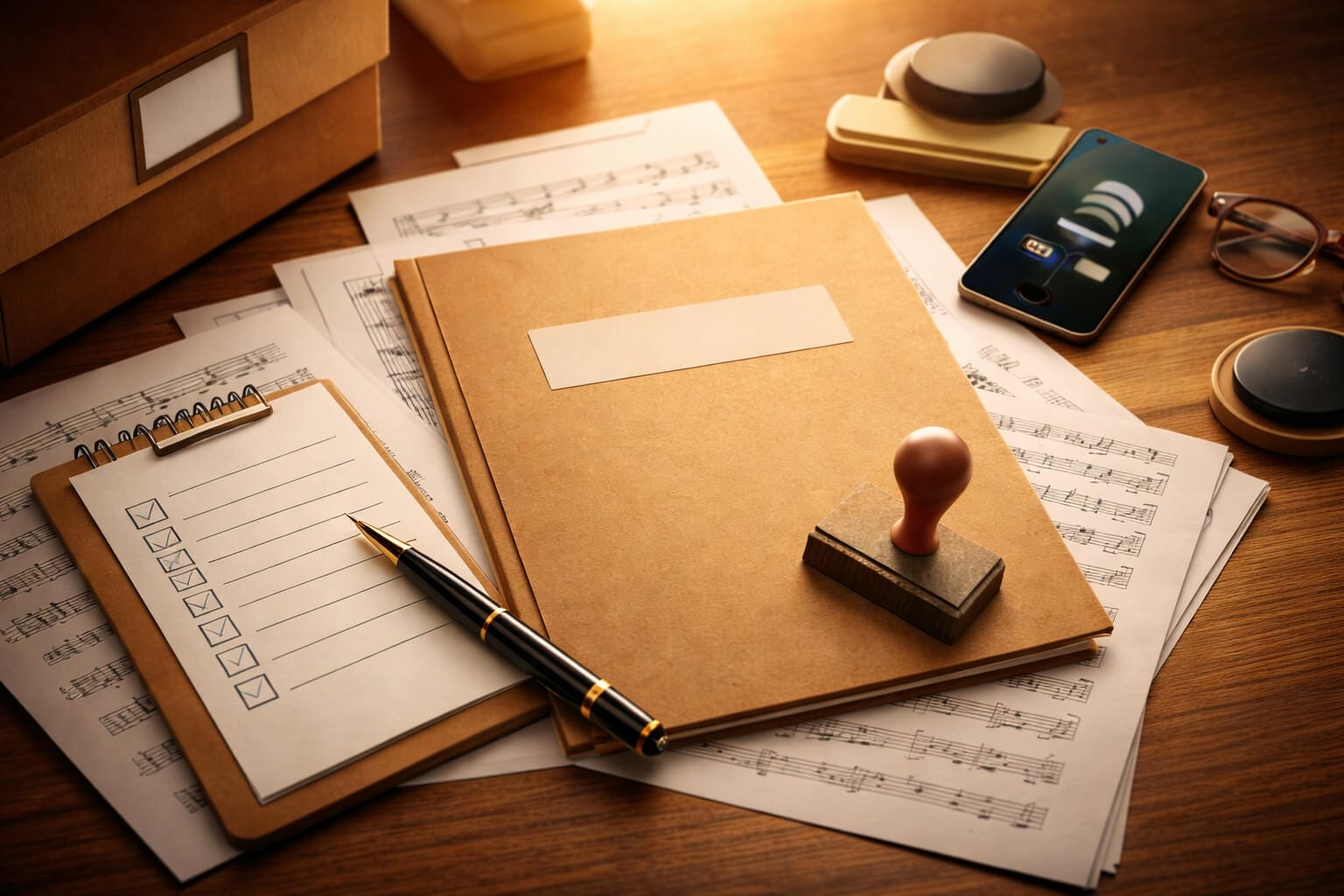 A notepad with a checklist and pen rests on a wooden desk alongside brown folders, loose sheet music, a rubber stamp, a mobile phone, and round stamp pads. Warm lighting suggests a cosy, organised workspace.