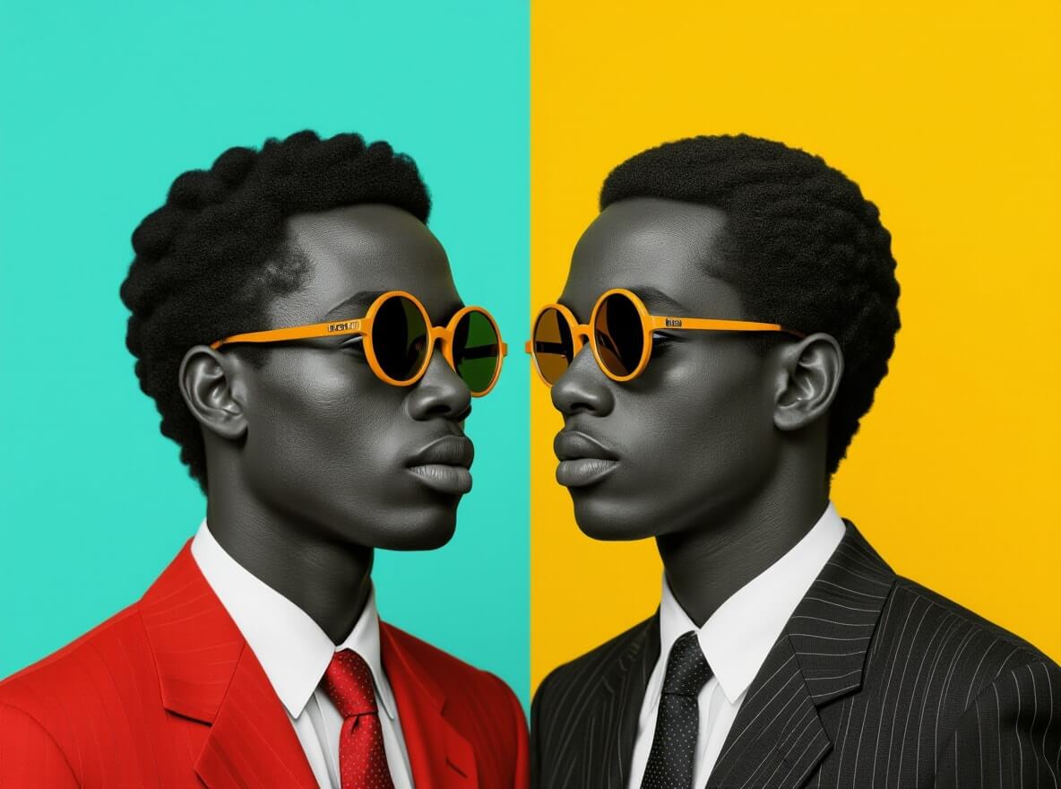 Two young men with dark skin and short curly hair face each other, both wearing round orange sunglasses. One wears a red suit and tie, standing against a teal background; the other wears a pinstripe suit and tie against a yellow background.